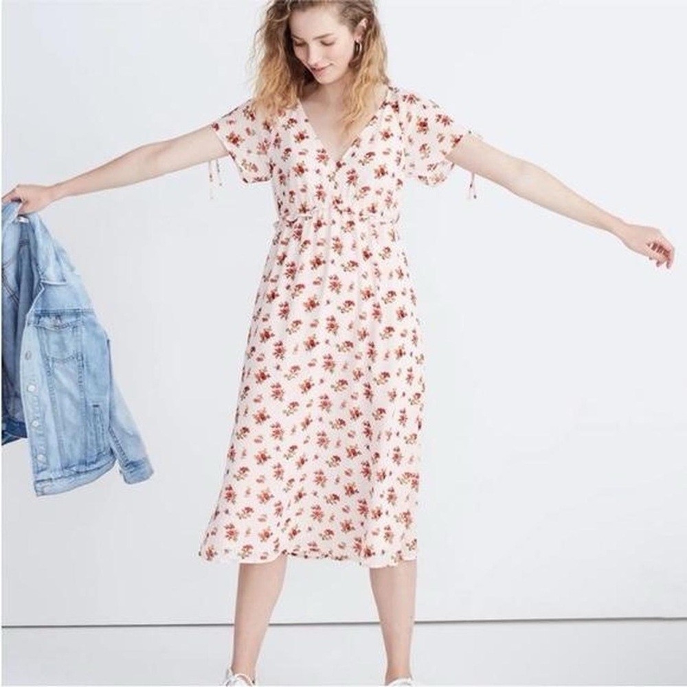 Madewell, pink floral, flowy cap sleeve bow cottage core Boho flower print dress